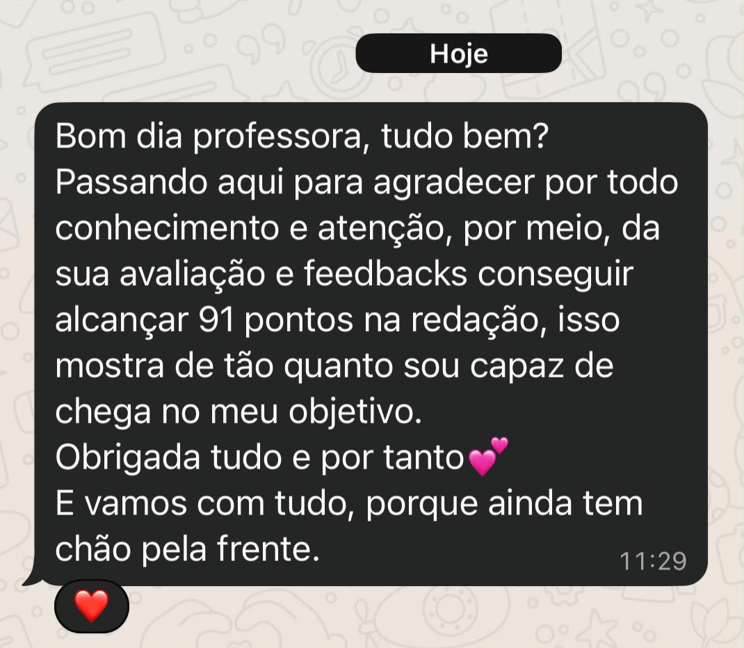 Feedback de aluna que alcançou 91 pontos na redação