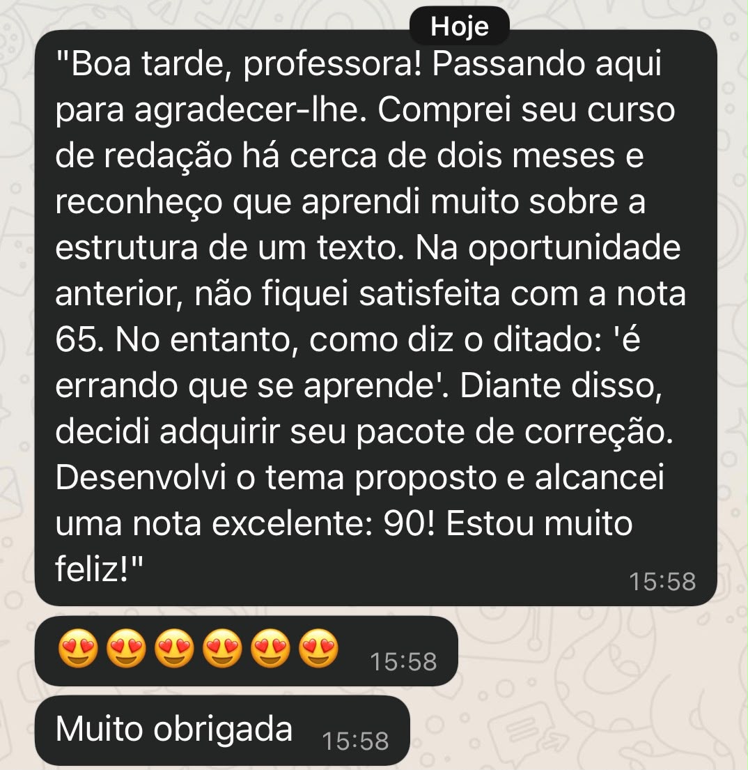 Feedback de aluna que alcançou nota 90 na redação